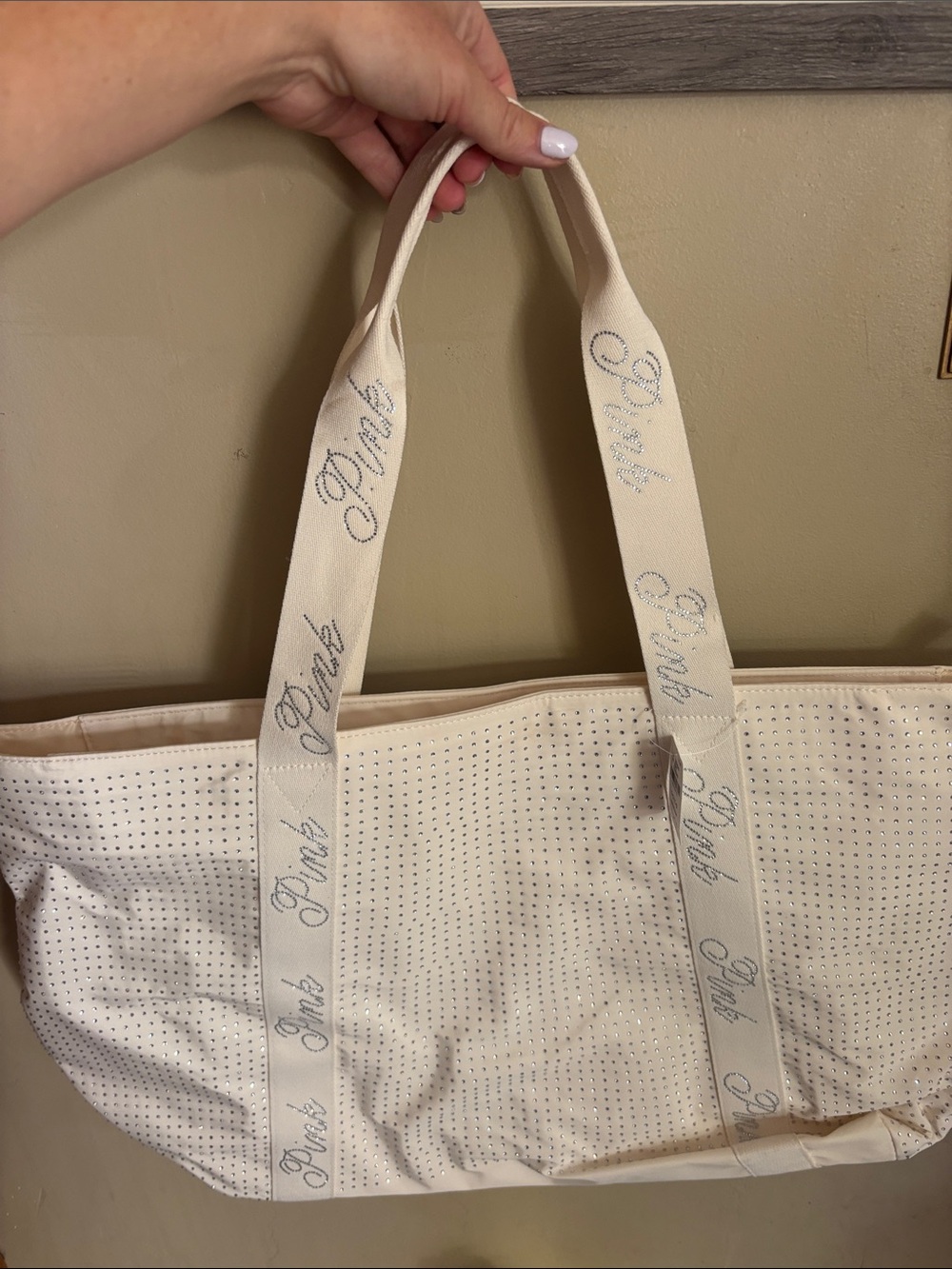 PINK Victoria's Secret Cream Perforated Canvas Tote with Rhinestone Logo Straps